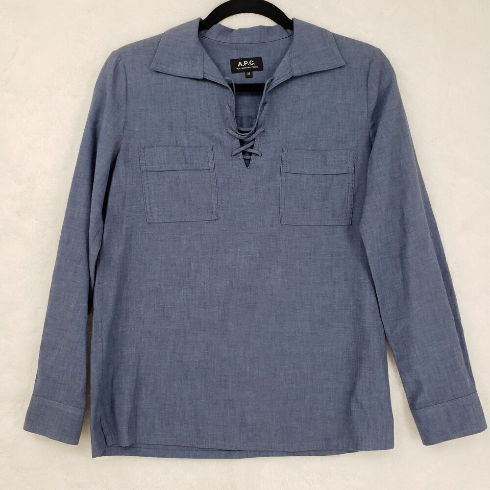 A.P.C. Shirt Womens XS Blue Lace Up Long Sleeve Cotton Top Piratecore